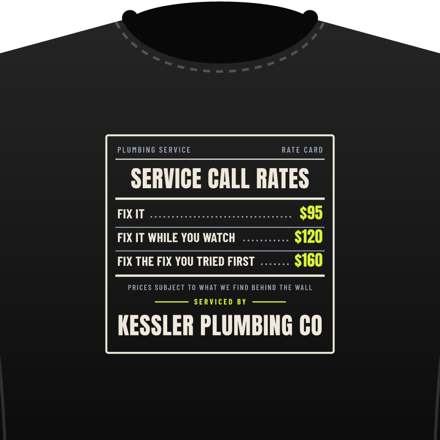 Rate card (plumbing) on a premium tee
