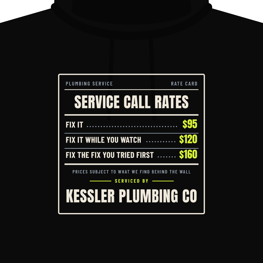 Rate card (plumbing) on a hoodie