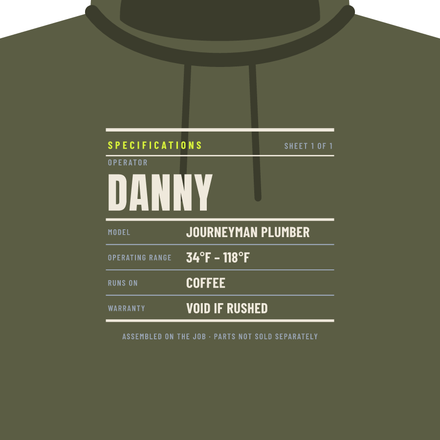 Spec sheet (plumber) on a hoodie